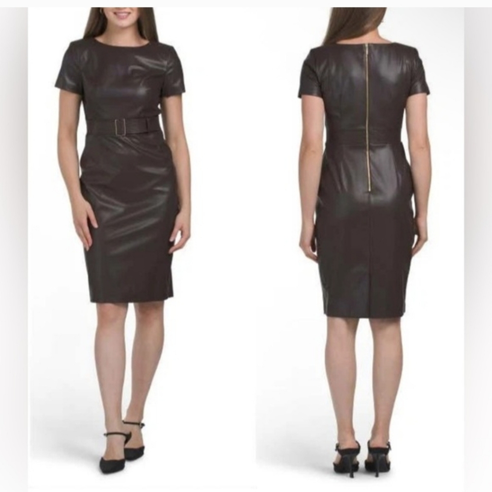 Calvin Klein chocolate‎ brown faux leather cap sleeve belted sheath dress size 6